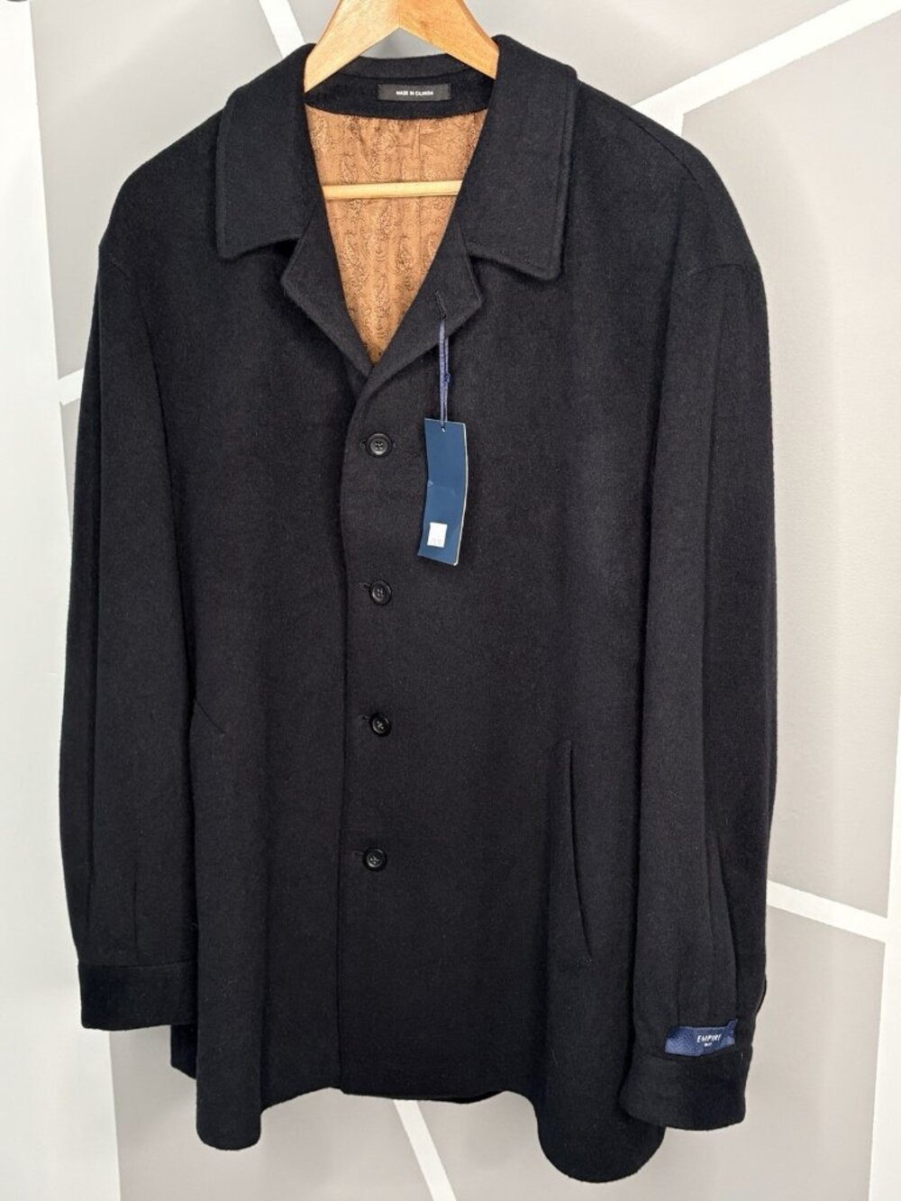 NWT Empire Men’s 44R Wool Angora Cashmere Coat Leather Massy Made Canada Black